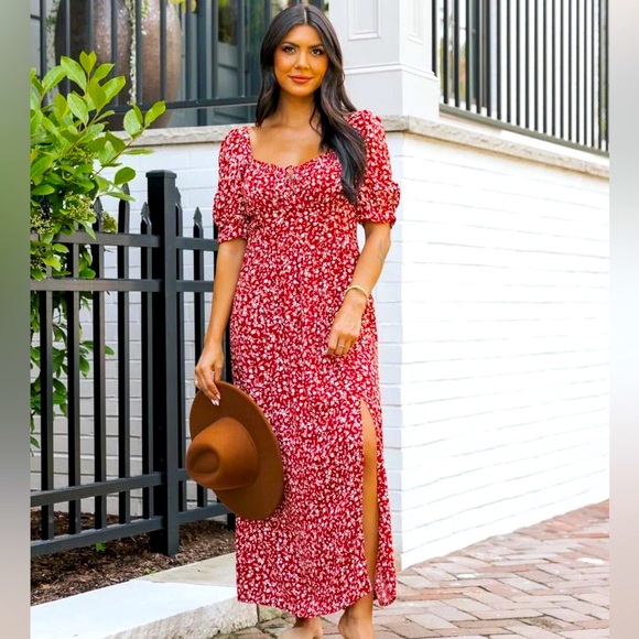 Wine Floral Print Smocked Maxi Dress - Picture 4 of 12